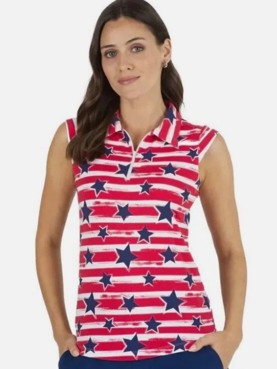 IBKUL Tops - IBKUL Americana Sleeveless Zip Polo Shirt Women's XS Red White Blue 4th of July